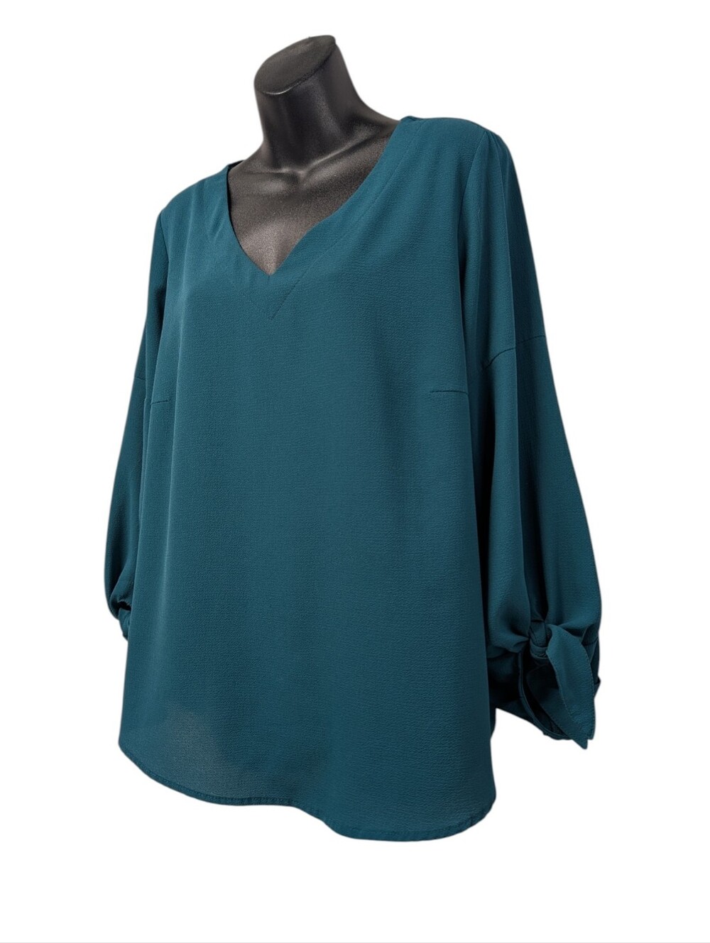 She + Sky Teal V-Neck Tie Sleeve Blouse Women's Large Flowy Long Sleeve Top - Picture 3 of 7